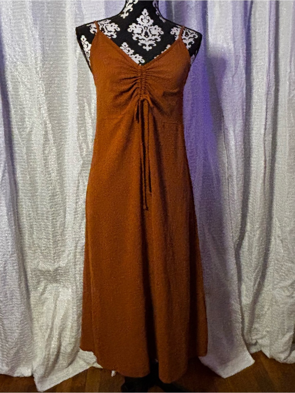 Rust Brown Ruched Midi Dress | Spaghetti Strap | Size M